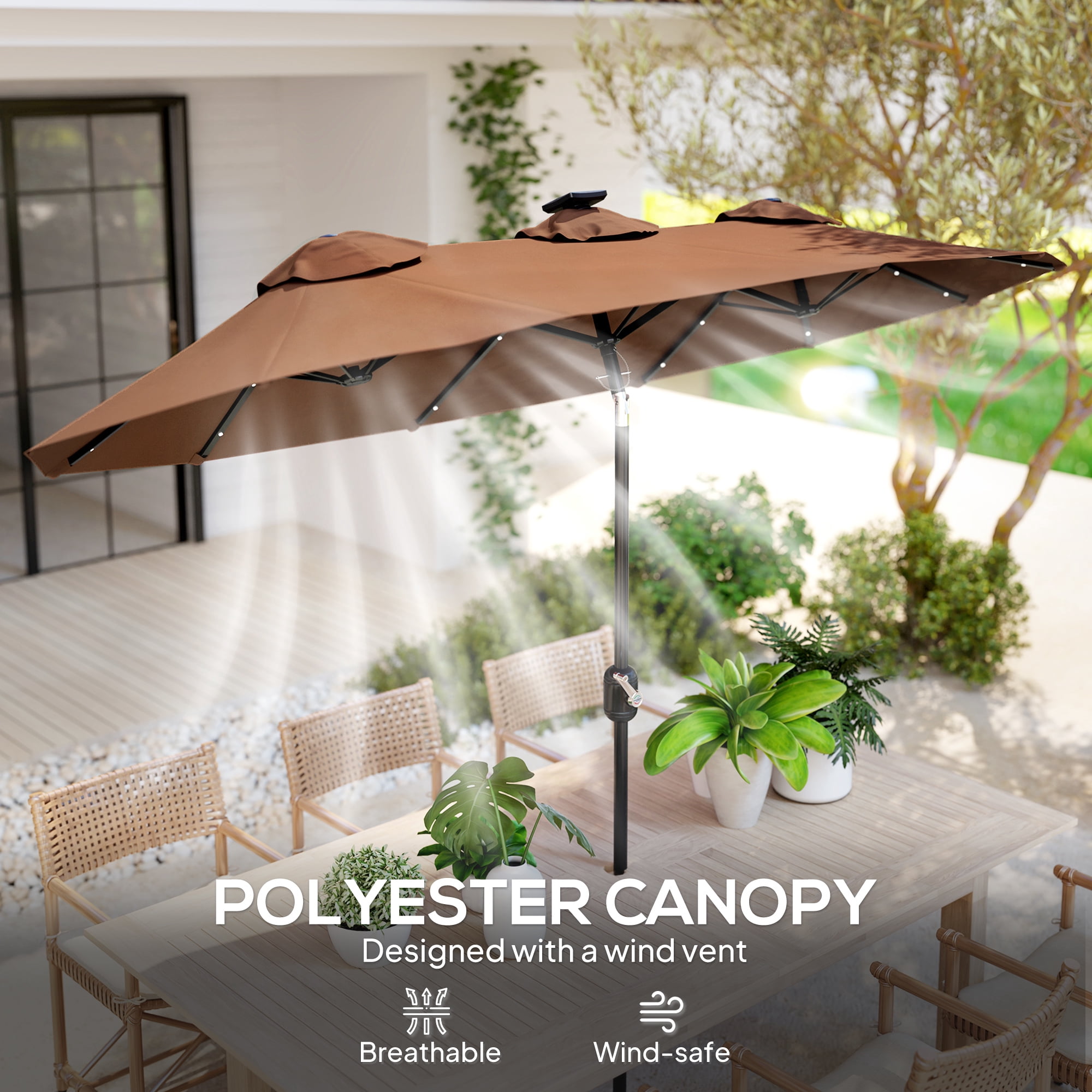 Outsunny 9.7 ft. Double-sided Patio Umbrella with LED Solar Light, 45-Degree Tilt and Crank, Outdoor Umbrella, Coffee