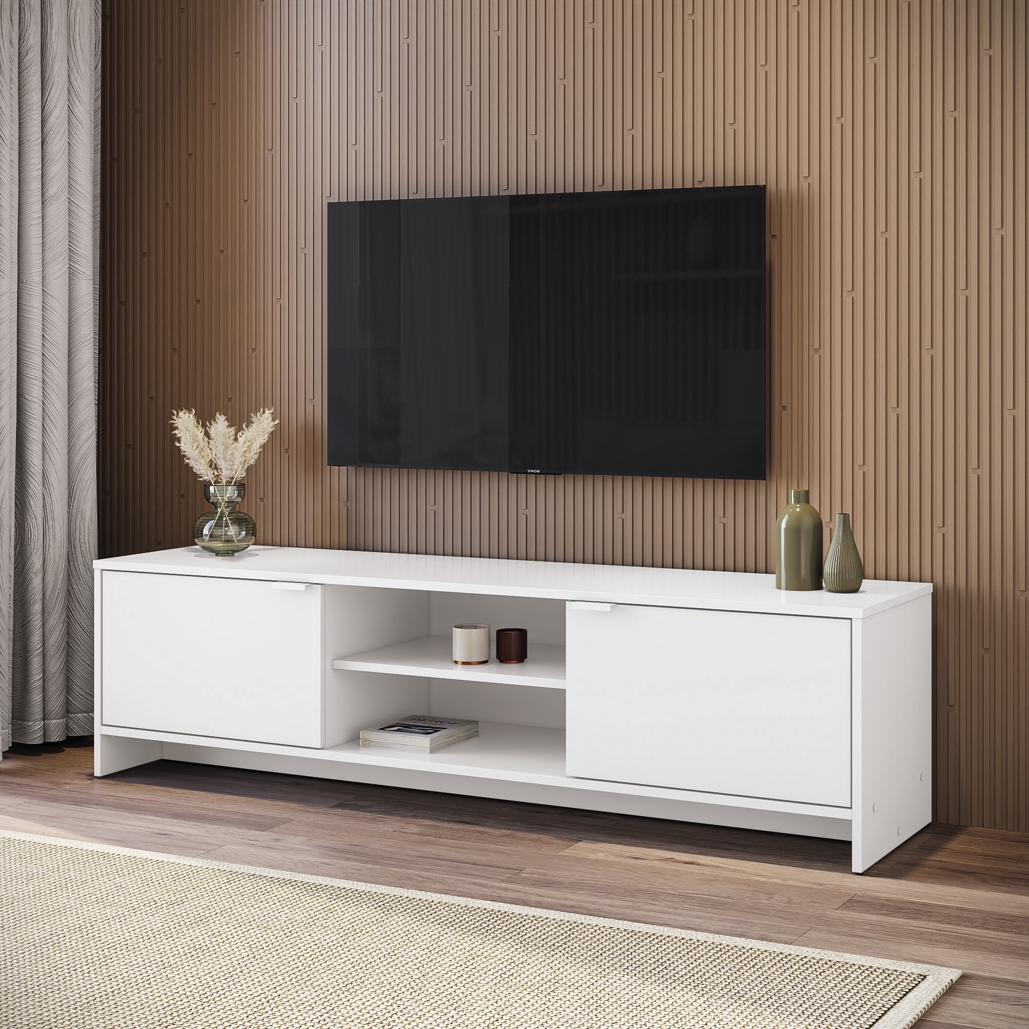 Kappesberg Milan White 59.05" W TV Stand Modern Entertainment Center with 2-Doors and Open Shelves Media Console for Living Room for Adults and Teens