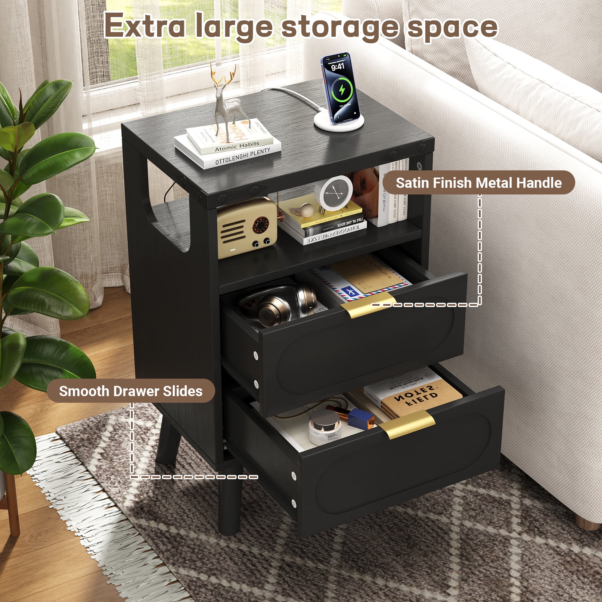 Smart LED Nightstand with Charging Station, Side Table with 2 Wooden Drawers, End Table with Open Shelf, Night Stand for Bedroom, Black