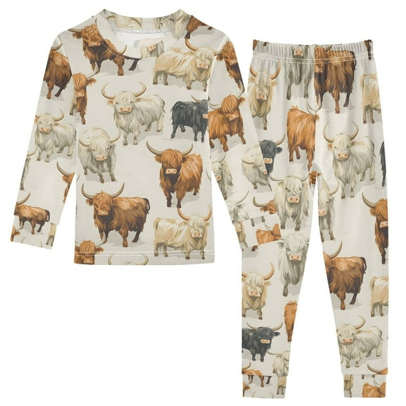 joogoo Highland Cows 2 Piece Long Sleeve Tee and Pants Cotton Pajama Set 5Y