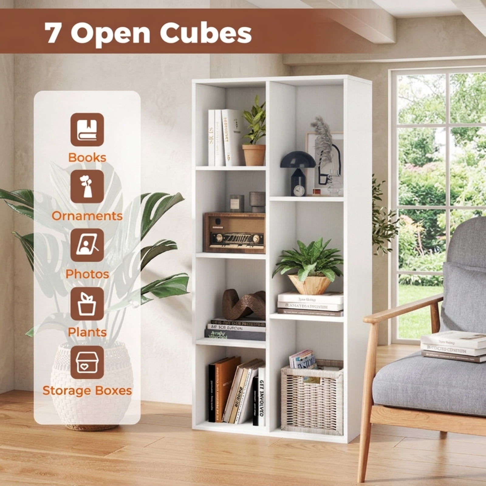 Furnibear Vertical or Horizontal Freestanding Bookshelf with 7 Compartments and Anti-Tipping Kits for Living Room Bedroom, White
