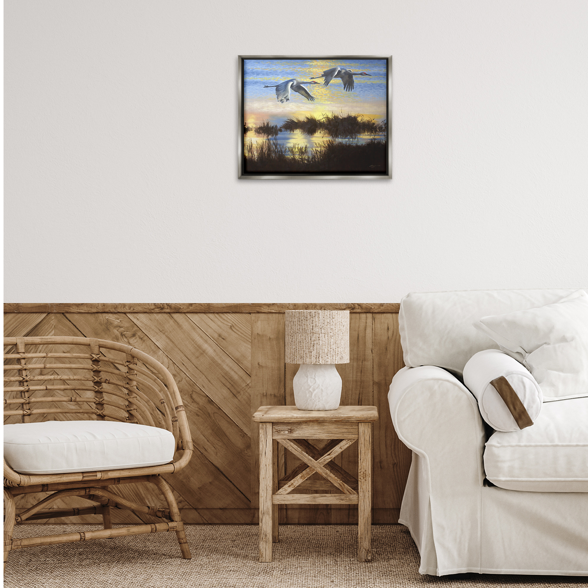 Stupell Industries Two Cranes Over Lake Landscape Painting Gray Floater Framed Canvas Art Print Wall Art, 21 x 17