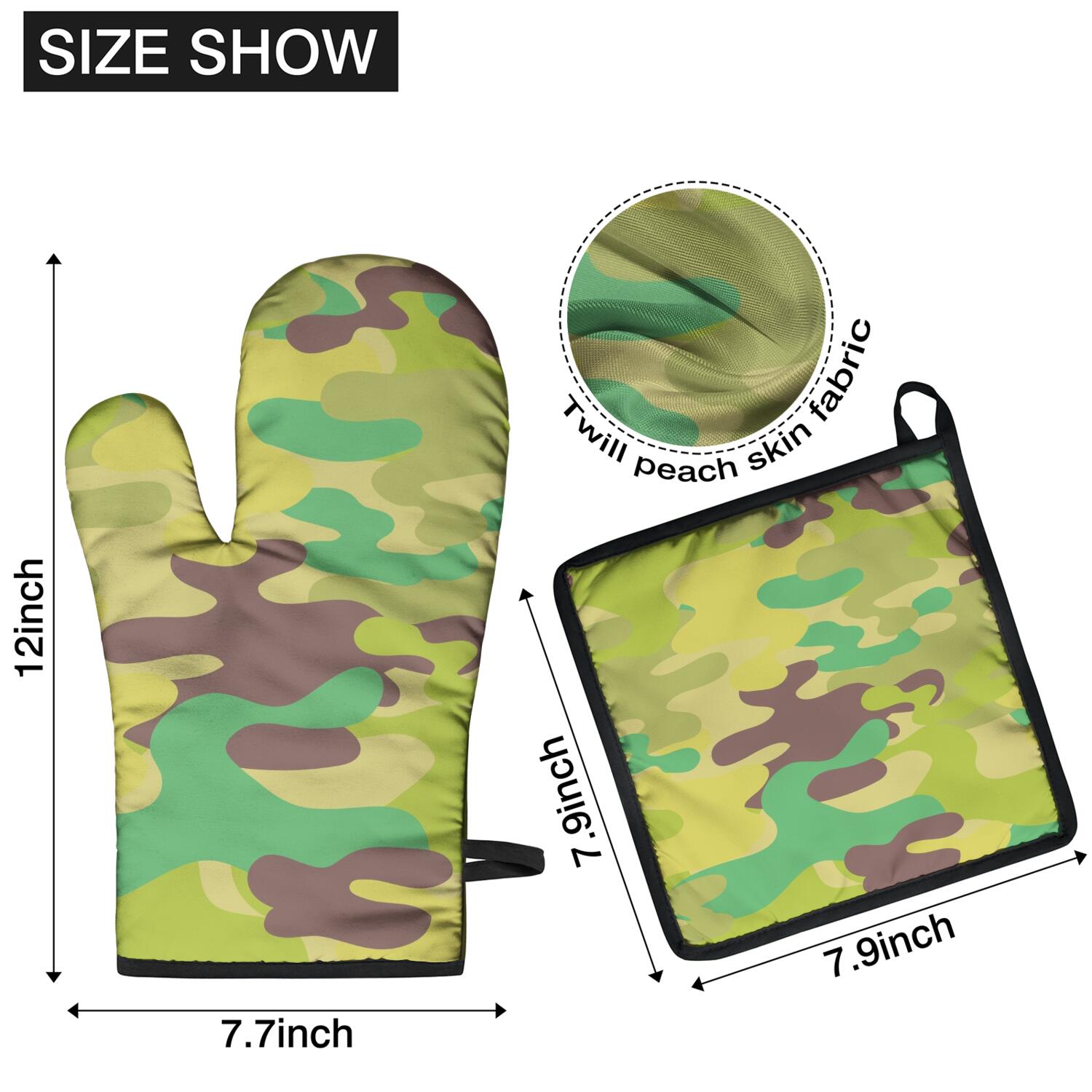 Camouflage Oven Mitts and Pot Holders Set Of 4, Heat Resistant Kitchen Gloves with Non-Slip Grip, Hanging Loop, Soft Cotton Lining for Baking, Cooking, Grilling, Barbecue