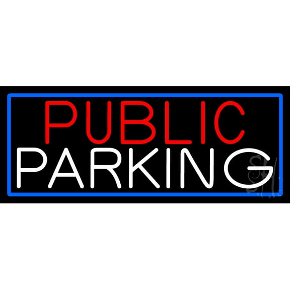 Public Parking With Blue Border LED Neon Sign 13 x 32 - inches, Clear Edge Cut Acrylic Backing, with Dimmer - Bright and Premium built indoor LED Neon Sign for Bar decor.