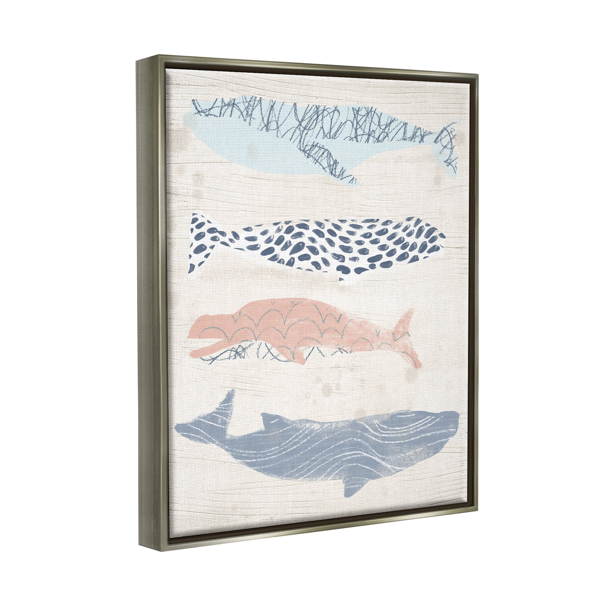 Stupell Industries Rustic Patterned Whales Animals & Insects Painting Gray Floater Framed Canvas Art Print Wall Art, 17 x 21