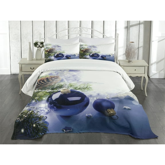 Ambesonne Christmas Quilted Bedspread Set 3 Pcs, Blue Toned Ornamental, Queen Size, Multicolor