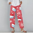 thumbnail image 2 of Women's Fashion Christmas Snowman Print Casual Pants with Drawstring Elastic Waist and Pockets, Full Length Trousers for Holiday Season and Daily Use,Watermelon Red,S, 2 of 6
