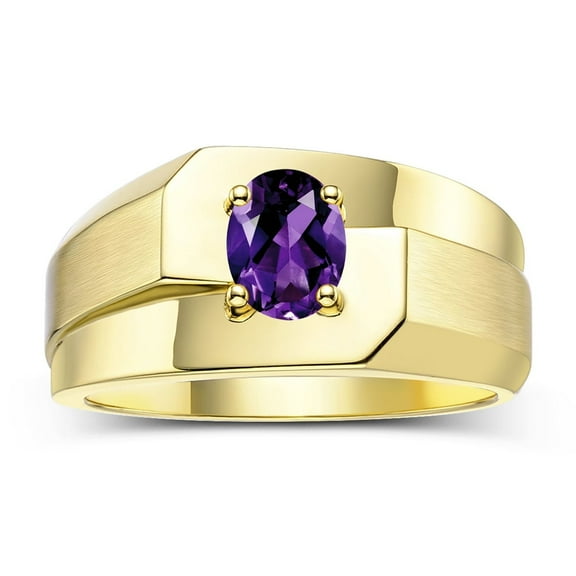 RYLOS Men's Rings 14K Yellow Gold Ring Classic Solitaire 7X5MM Oval Shape Gemstone Designer Band Amethyst February Birthstone Rings For Men Size 8