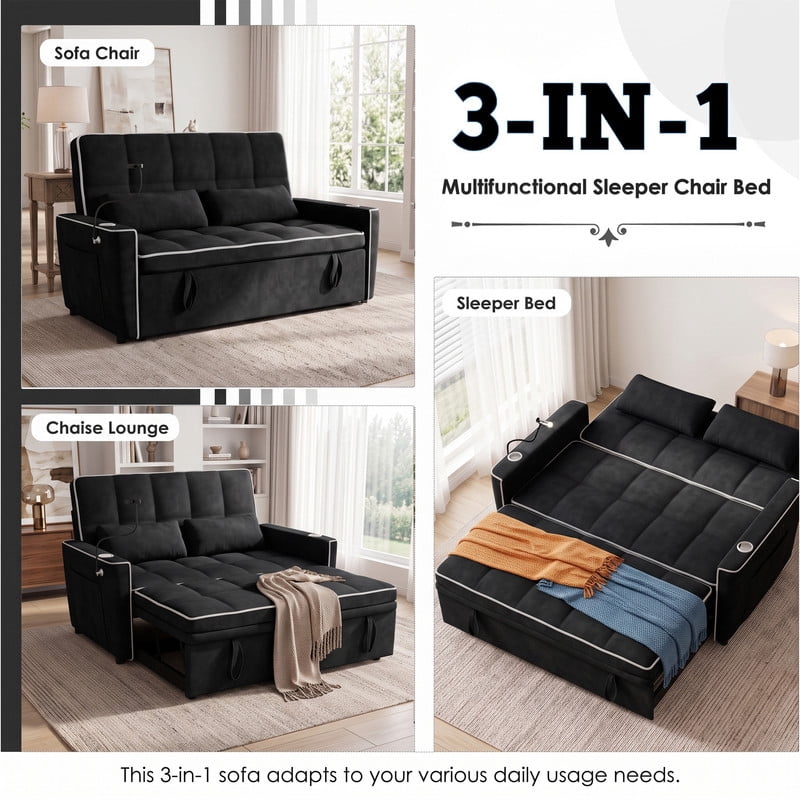 Anpport 54" 3‑in‑1 Convertible Sleeper Sofa Bed, Loveseat with White Trim, USB Charging Port, Phone Stand, 2 Cup Holders and 2 Pillows for Living Room, Bedroom and Apartment, Black