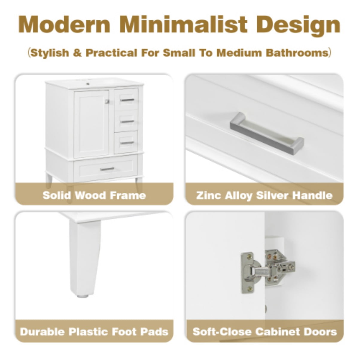 24.8" Bathroom Vanity with Ceramic Sink, Freestanding Bathroom Vanity Cabinet, Soft Close Door, 3 Drawers, White