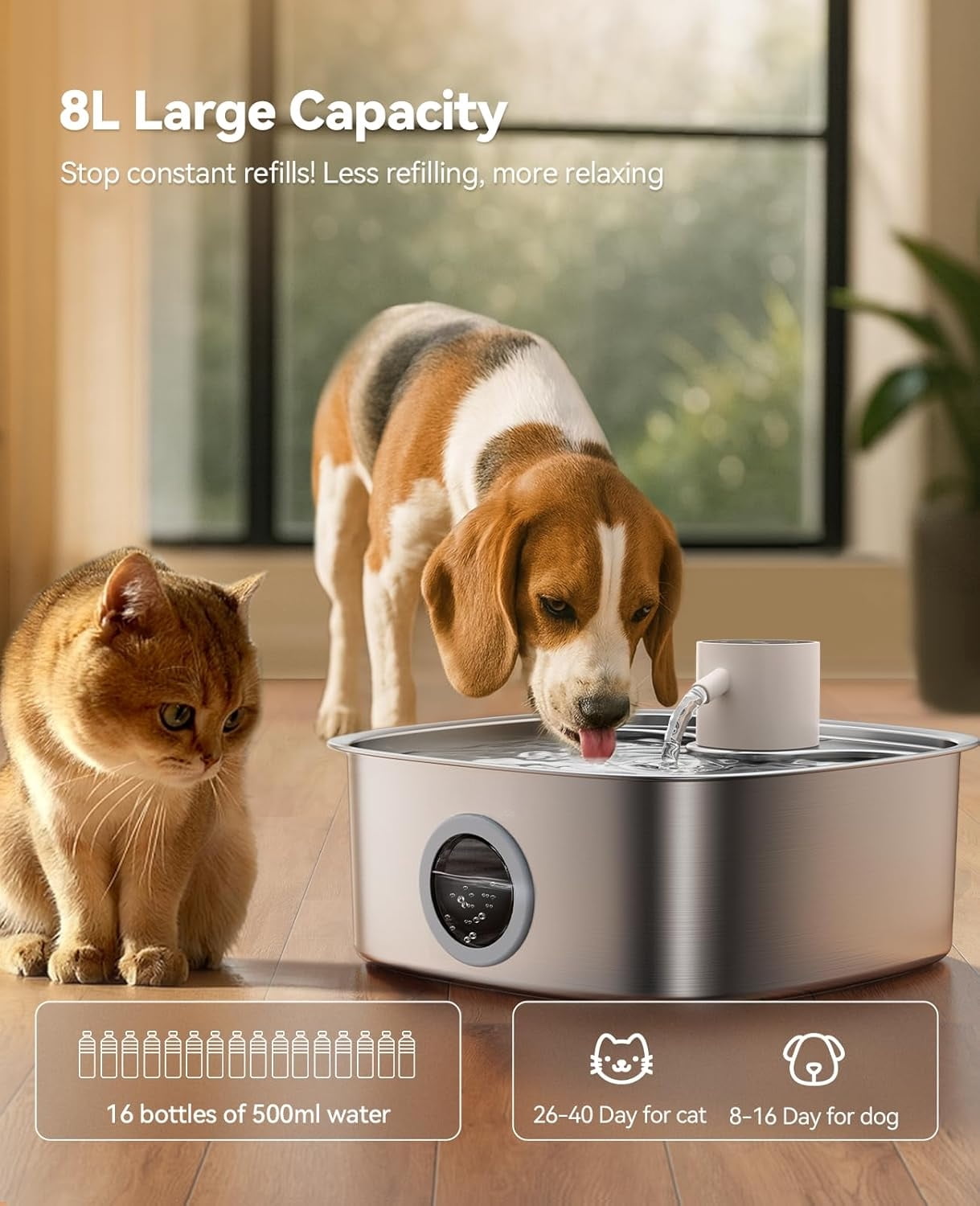Cordless Wider Tray Dog Water Fountain, 5000mAh Battery Operated Dog Water Bowl Dispenser with 3 Motion Sensor, Stainless Steel Pet Water Fountain for Multi-Pets, Easy Setup & Clean, 8L