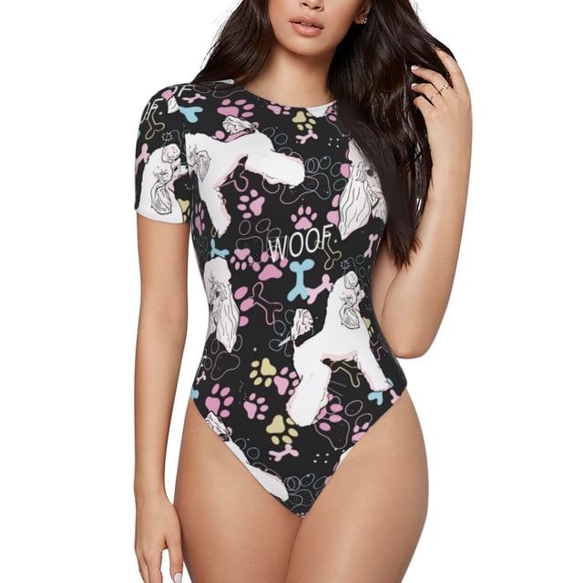 Balery Cute Poodle Dog Body de cuello redondo de manga corta para mujer Tops de manga corta Tops básicos-X-Large