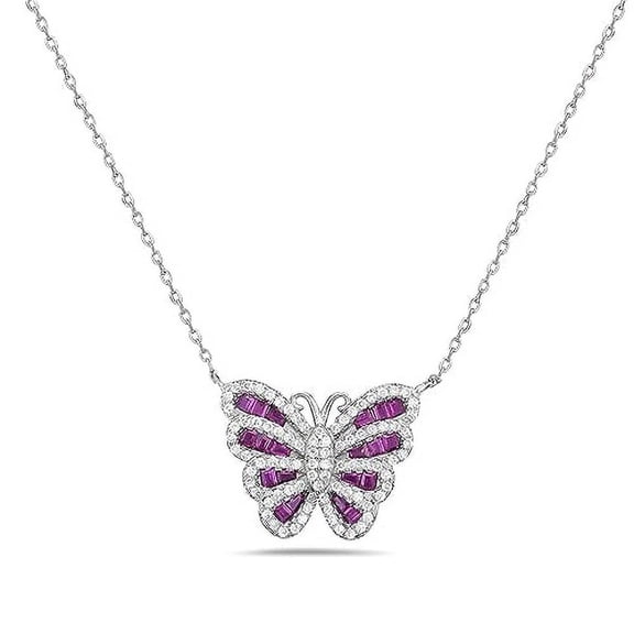 My Daily Styles Women's 925 Sterling Silver CZ Butterfly Necklace Pendant - Adjustable Cable Link Chain 16"-18" (Red)