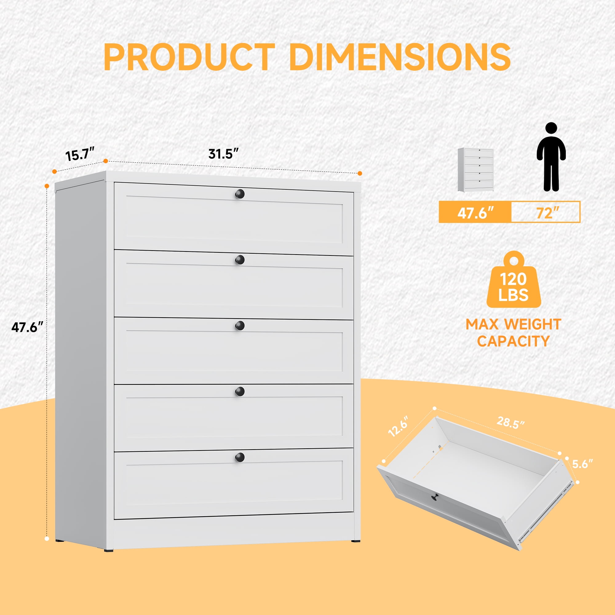 STANI 5 Drawer Dresser Storage for Bedroom, Metal Chest of Drawers Tall White Closet Organizers and Storage Clothes, 41" H Accent Storage Cabinet for Living Room, Entryway, Hallway