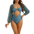 thumbnail image 1 of Bikini de una pieza con escote en V, mangas largas, malla y control de abdomen, color gris, talla X-Large, 1 of 5
