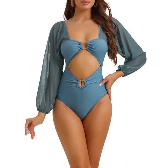 INSPIRAR CHIC Traje de baño de una pieza con corte, manga larga, escote profundo y panel de malla con control de abdomen y pierna alta para la playa en gris, talla grande