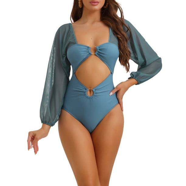 Bikini de una pieza con escote en V, mangas largas, malla y control de abdomen, color gris, talla grande