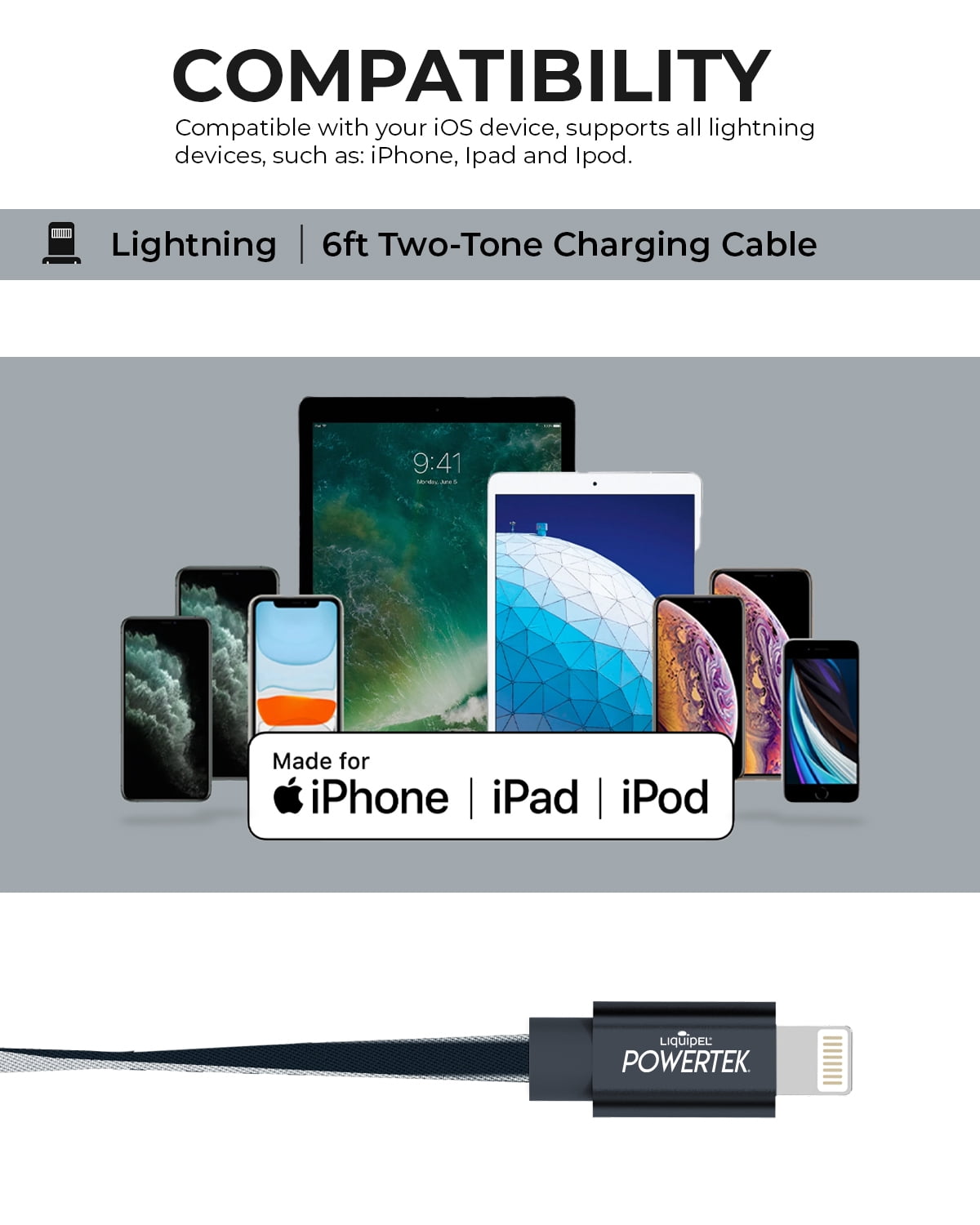 Liquipel Powertek USB C Lightning iPhone Charger Cable [MFI Certified], 6ft Fast Charging, Two Tone