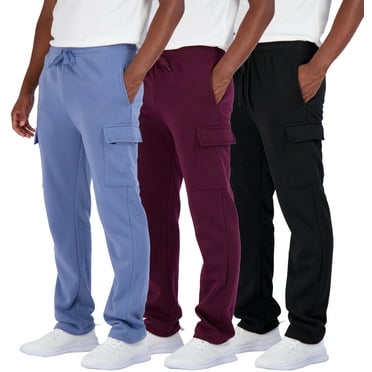 Real Essentials 3 Pack: Men's Tech Fleece Active Athletic Casual Open Bottom Cargo Sweatpants with Pockets