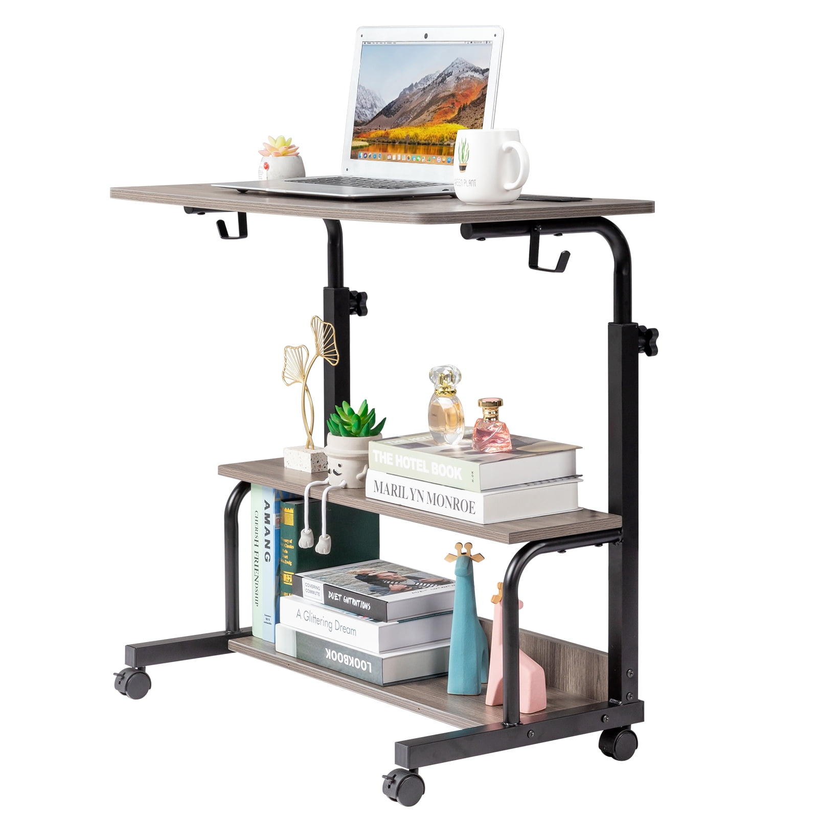 Adjustable Computer Desk with 3 USB + 2 AC Outlets, Grey Oak P2 15MM Particle Board with Melamine Coating