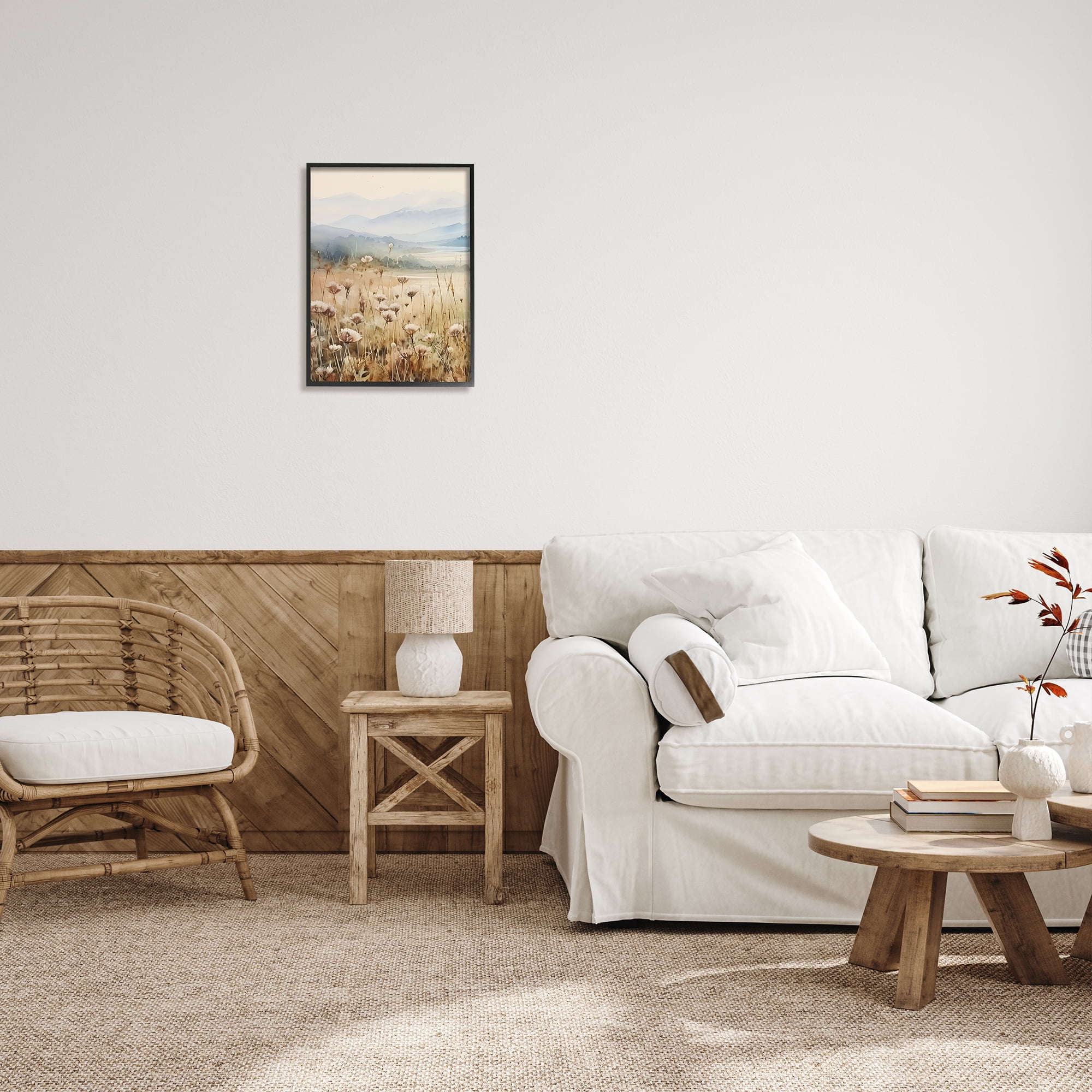 Stupell Industries Meadow with Foggy Mountains Landscape Painting Black Framed Art Print Wall Art, 16 x 20