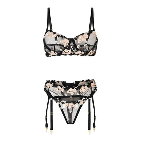 

Lilgiuy Women Exquisite Mesh Embroidery Lingerie Bra+Garter+Briefs Set Babydoll Cut-Out Sleepwear Dresses for 2022