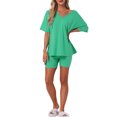 thumbnail image 2 of Pijamas para mujeres INSPIRE CHIC de 2 piezas, camiseta de cuello en V oversized, traje reversible de entrenamiento, camisetas, pantalones cortos de ciclista, conjunto de lounge L verde, 2 of 5