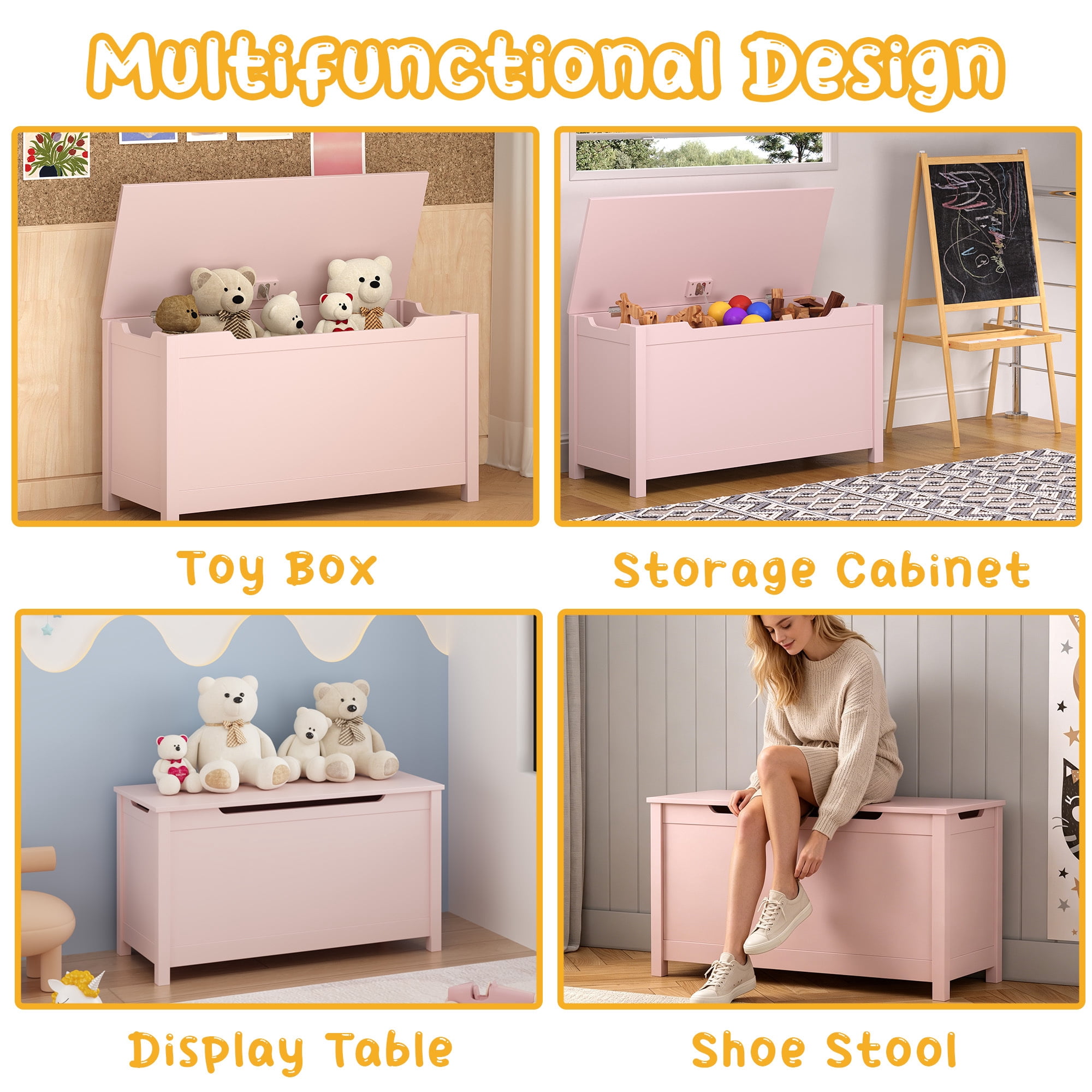 Leumius Kids Wooden Toy Box Storage Organizer with Safety Hinged Lid,Modern Toy Chest for Nursery,Playroom,Pink
