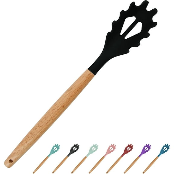 Silicone Spaghetti Spoon, Pasta Fork, 12.6 Inch Noodle Spoon, Pasta Spoon with Wooden Handle, Spaghetti Server for Cooking, BPA Free, Black