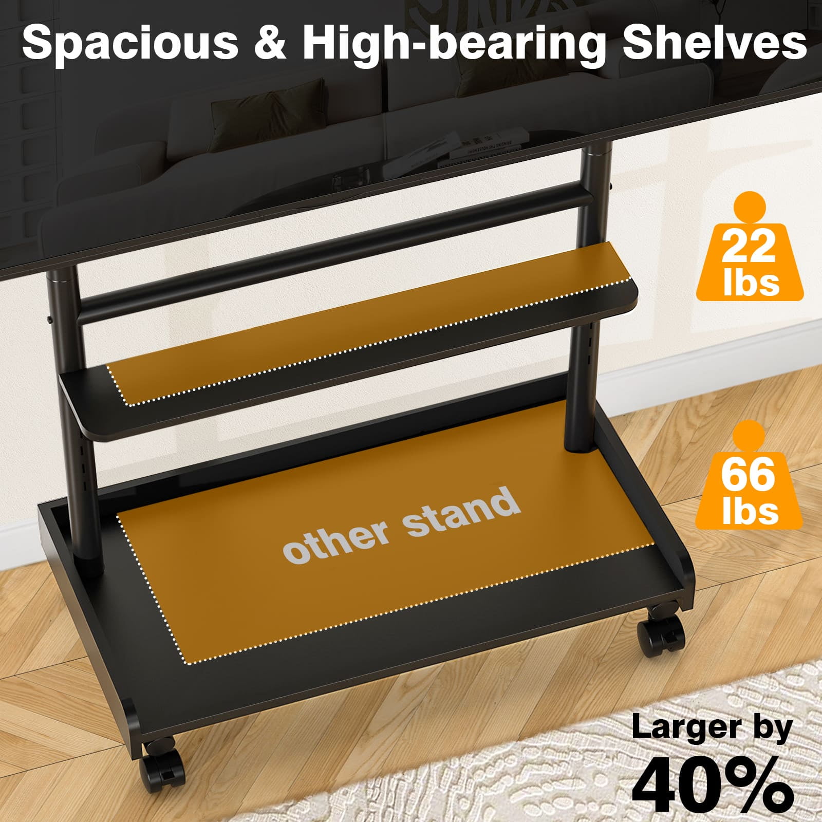 TAVR Furniture Mobile Rolling TV Stand with Wooden Storage Shelf for 40-86 inch TVs, Height Adjustable