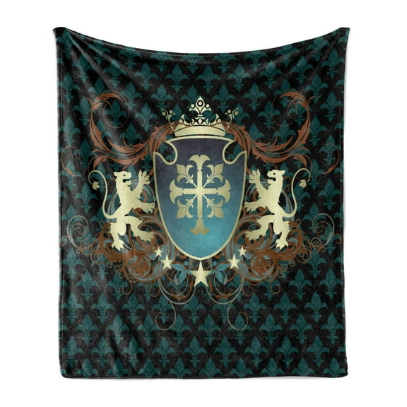 Medieval Soft Flannel Fleece Throw Blanket, Heraldic Design from Middle Ages Coat of Arms Crown Lions and Swirls, Cozy Plush for Indoor and Outdoor Use, 60" x 80", Teal Black Cinnamon, by Ambesonne