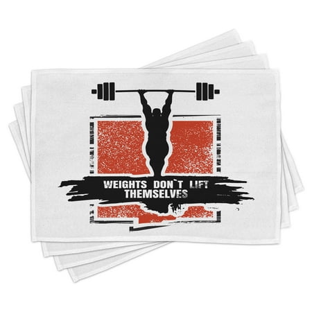 

Fitness Placemats Set of 4 Bodybuilder and Huge Barbell Silhouettes Icon of Posing Athlete Weights Lift Washable Fabric Place Mats for Dining Room Kitchen Table Decor Red Black White by Ambesonne