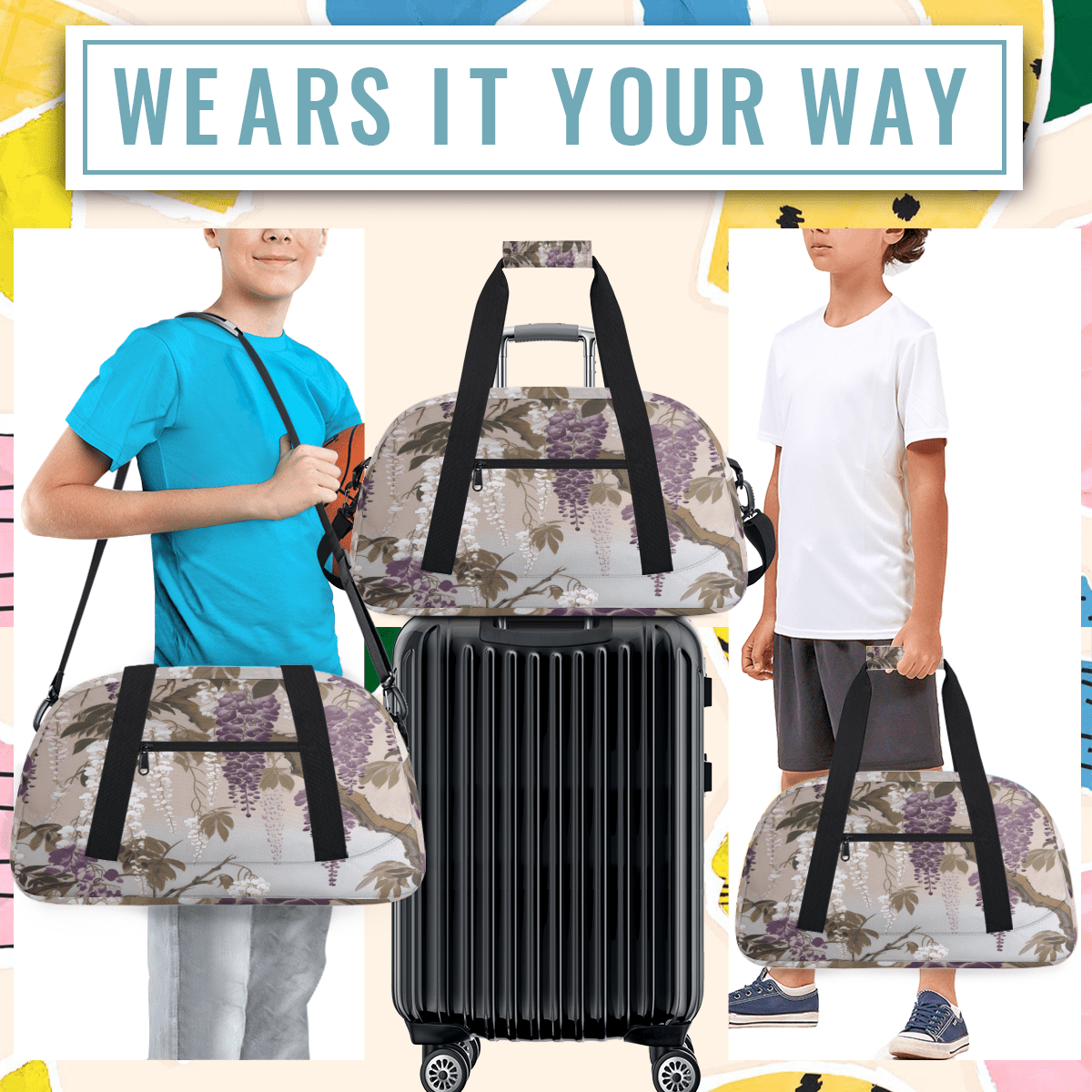 Herdesigns Floral Wisteria Sports Duffle Bag for Women & Men, Purple Flower Gym Bag Dance Bag Overnight Bag Carry On Weekender Travel Bag