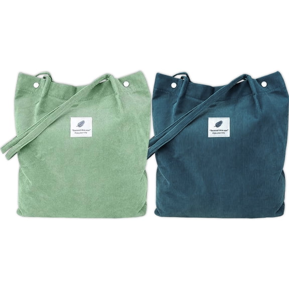 2 Pcs Corduroy Tote Bag for Women, Lightweight Shoulder Bag with Inner Pocket for Work Beach Travel and Shopping Grocery