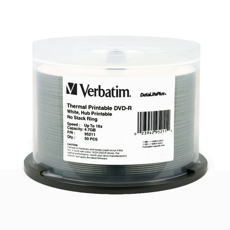UPC: 0023942952114 | Verbatim 4.7GB 16X DataLifePlus DVD-R White Thermal Printable 50 Packs Spindle Disc Model 95211 – Retail