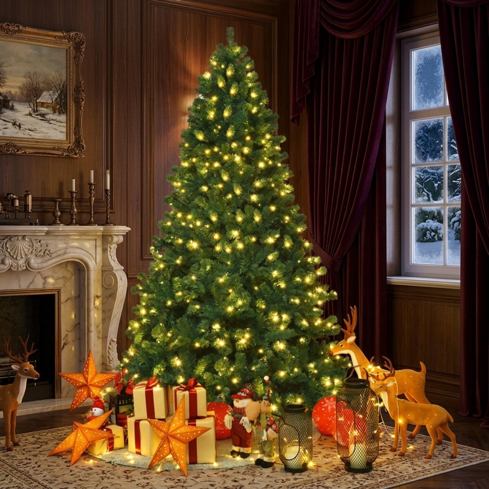 RUIE, 7.5 ft, Pre-Lit Artificial Christmas Tree, Tall Pre-Lit Christmas Tree, 1346 Branch Tips, Green, Hinged Branches for Christmas Party Living