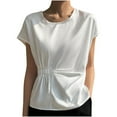 thumbnail image 1 of Plebaso Chemises Habillées pour Femmes Col Rond Manches Courtes Haut Décontracté Chemises Froncées Élégantes Blouses d'Été, 1 of 3