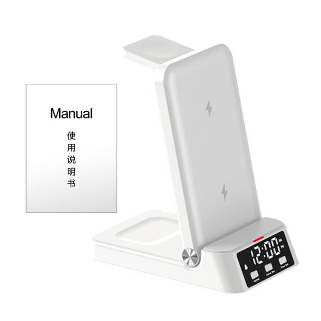 Wireless Charger Stand High Power Foldable Intelligent Protection Multifunctional Wide Compatibility 3-in-1 Phone Charging Dock Station with Digital Clock Office Supplies