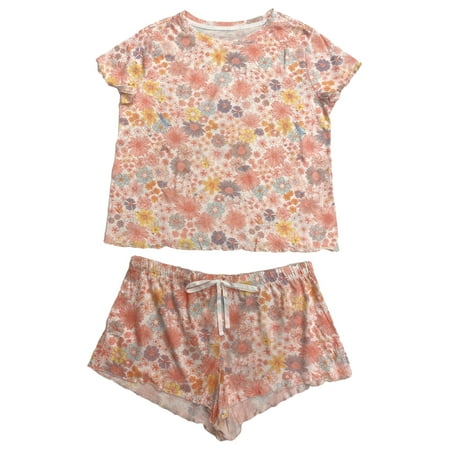 

Womens Lightweight Peach Floral Pajamas Shorts & Tee Shirt Sleep Set Medium