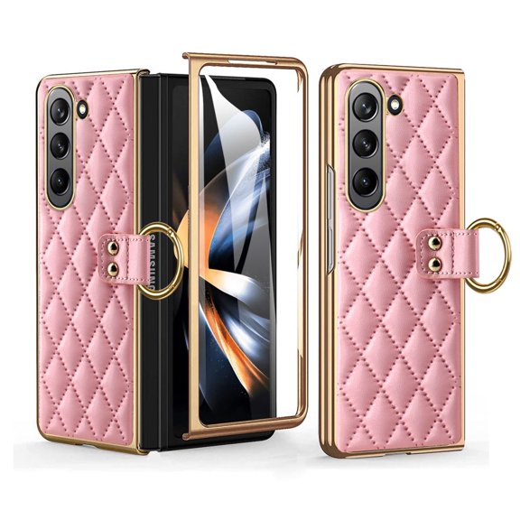 Compatible with Samsung Galaxy Z Fold 5 Case with Screen Protector Ring Leather Shockproof Fashion Case-Pink