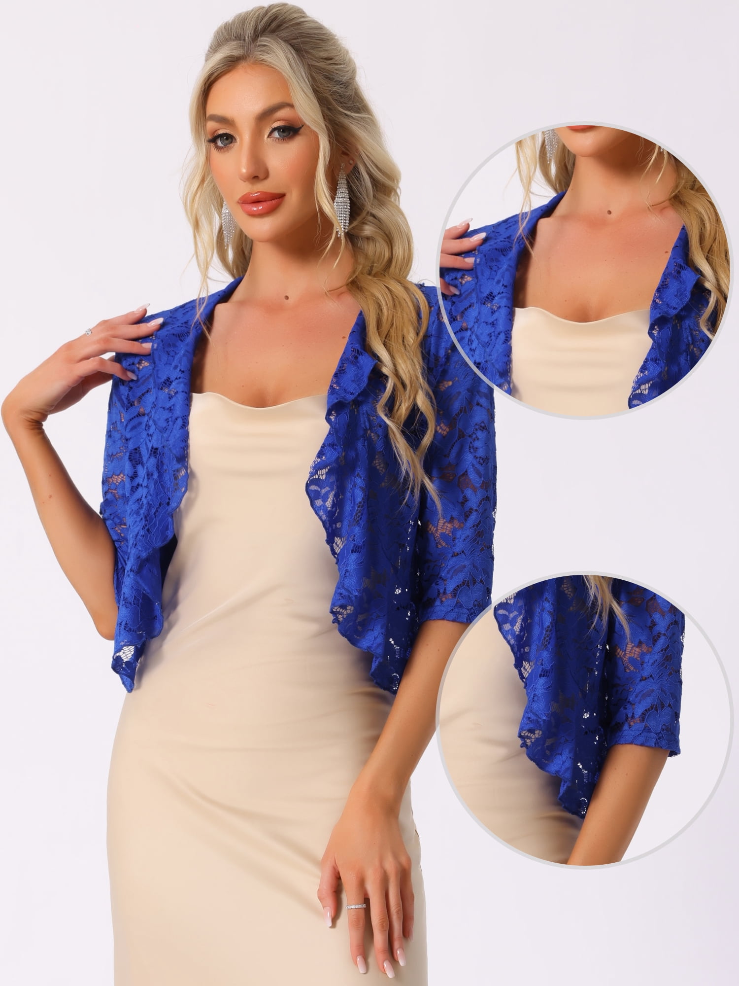 DARING DIVA Women's Lace Shrug Ruffle Cardigan Open Front Half Sleeve Bolero M Royal Blue
