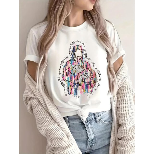T-Shirt Graphique Lapin de Pâques pour Femmes - Manches Courtes Col Rond, Polyester, Lavable en Machine, Semi-Transparent, Idéal pour Printemps/été, Haut d'Été T-Shirt Col Rond Texture Brillante Fête des Pères, Mot