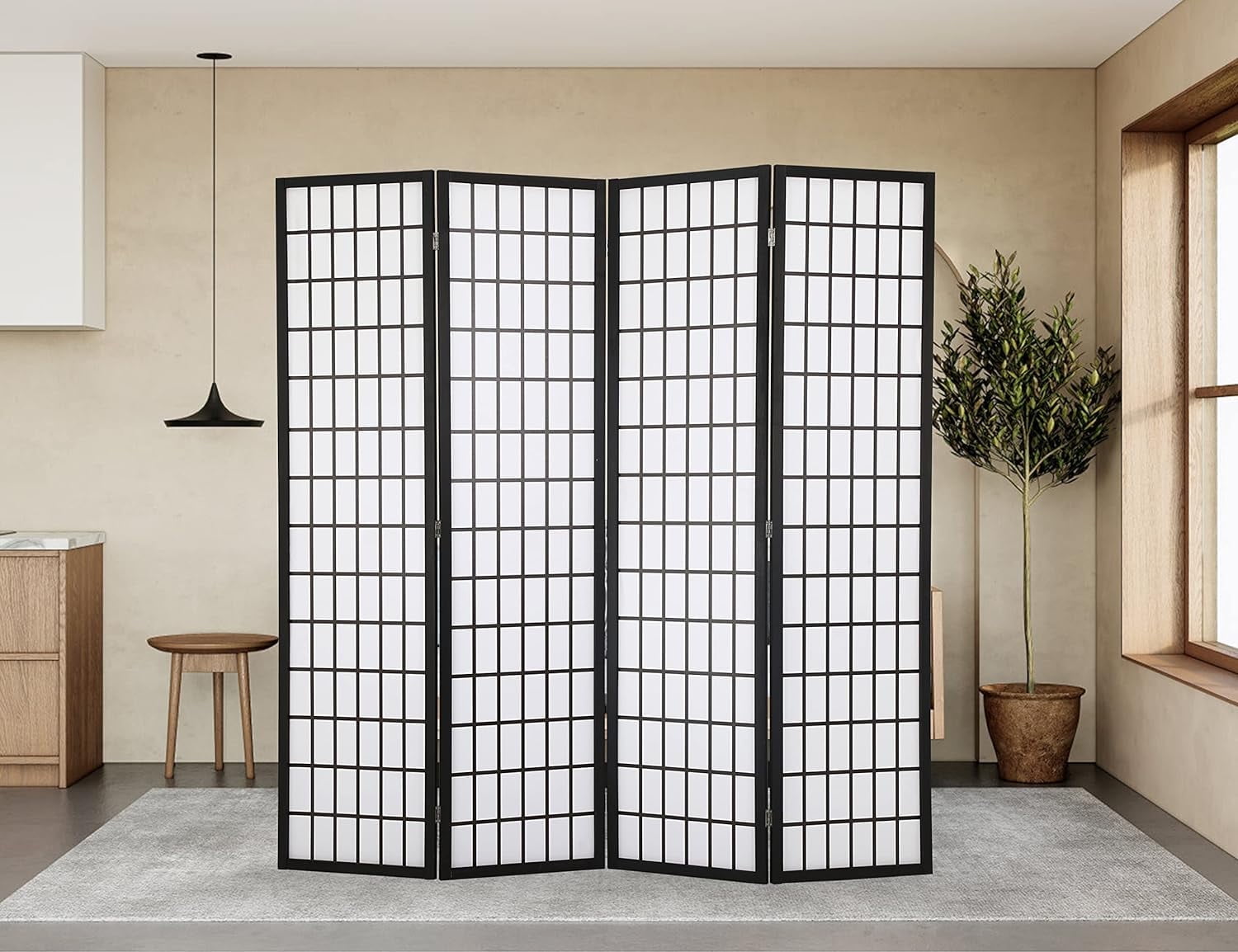 CL.HPAHKL 4 Panel Folding Room Divider, Shoji Style Privacy Screen Wooden Wall Divider