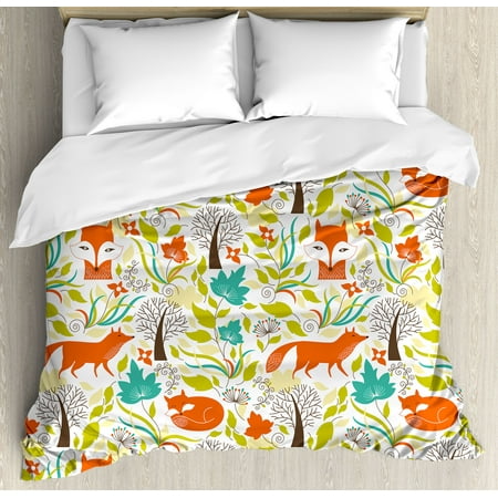 Cartoon Decor King Size Duvet Cover Set Wild Fox Wolf With Leaves Cartoon Decor King Size Duvet Cover Set Wild Fox Wolf With Leaves Flowers Leafless Trees