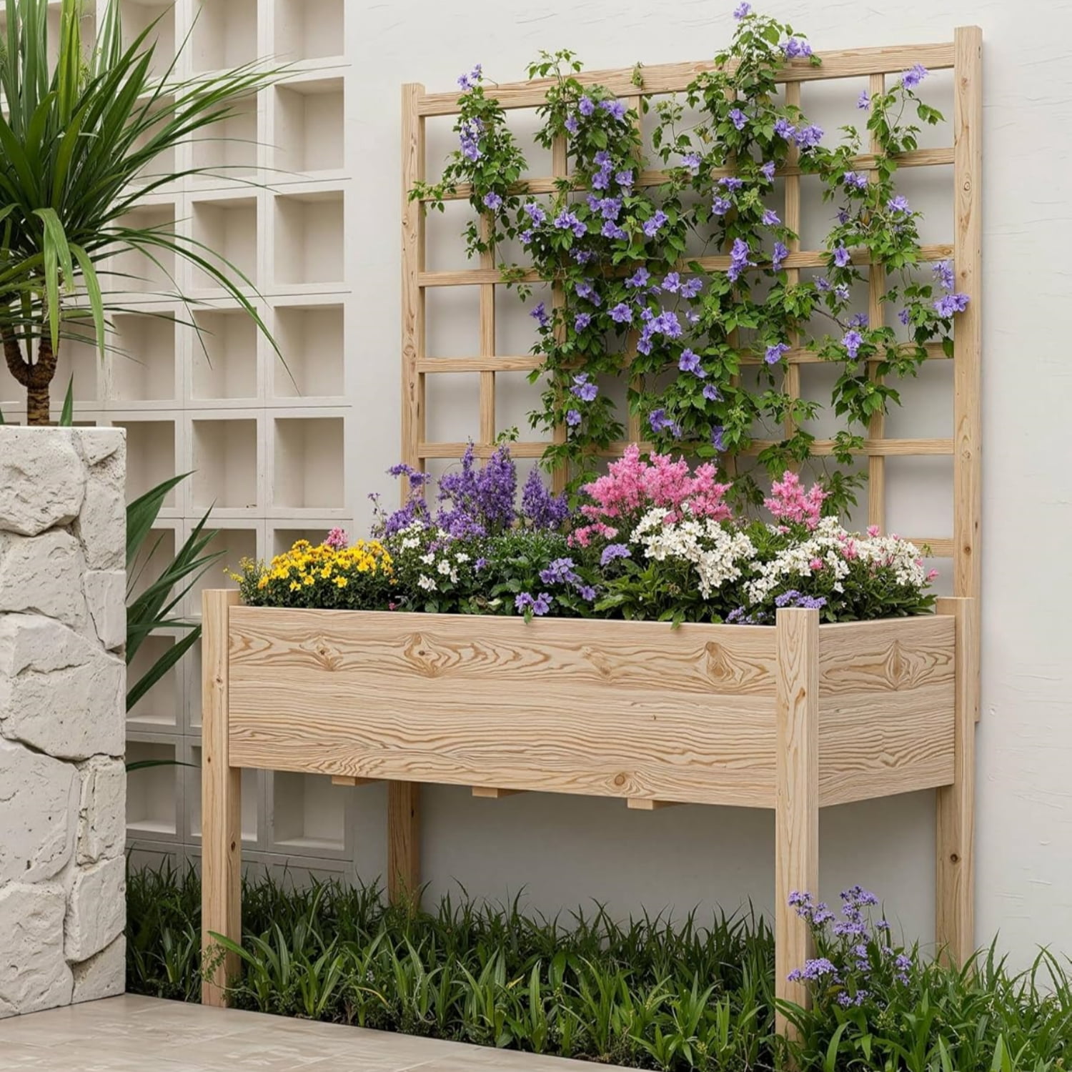 Riedhoff Raised Garden Bed with Lattice Trellis, 46 x 23 x 65", with Legs, Oak