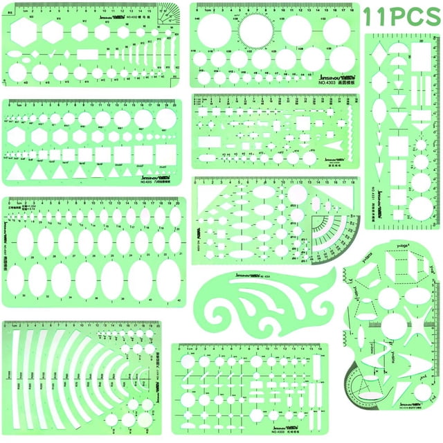 HLONK 11PCS Geometric Drawings Templates Drafting Stencils Measuring Tools Transparent Green Plastic Ruler for Architecture Office Studying Designing