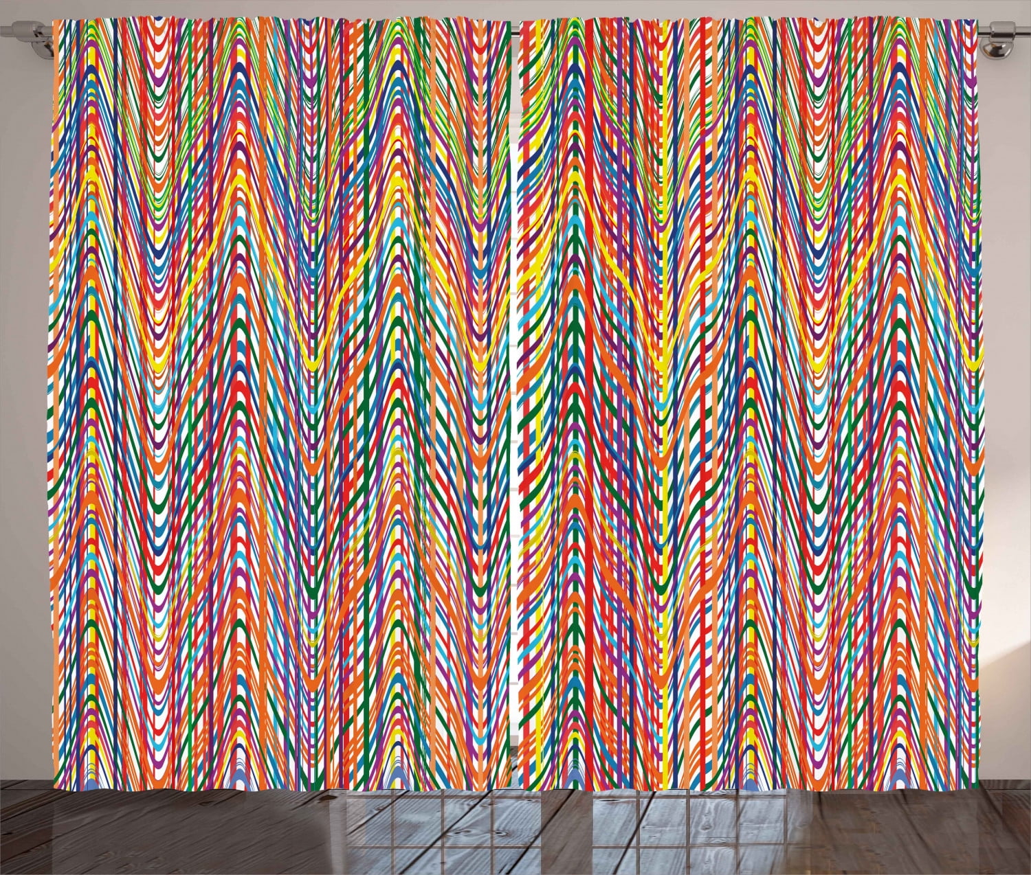 Abstract Curtains 2 Panels Set, Colorful Zigzag Pattern with Mixed