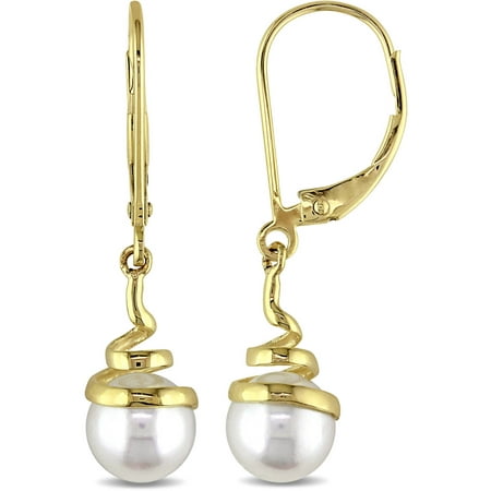 Miabella 6.5-7mm White Round Cultured Freshwater Pearl 10kt Yellow Gold Swirl Earrings