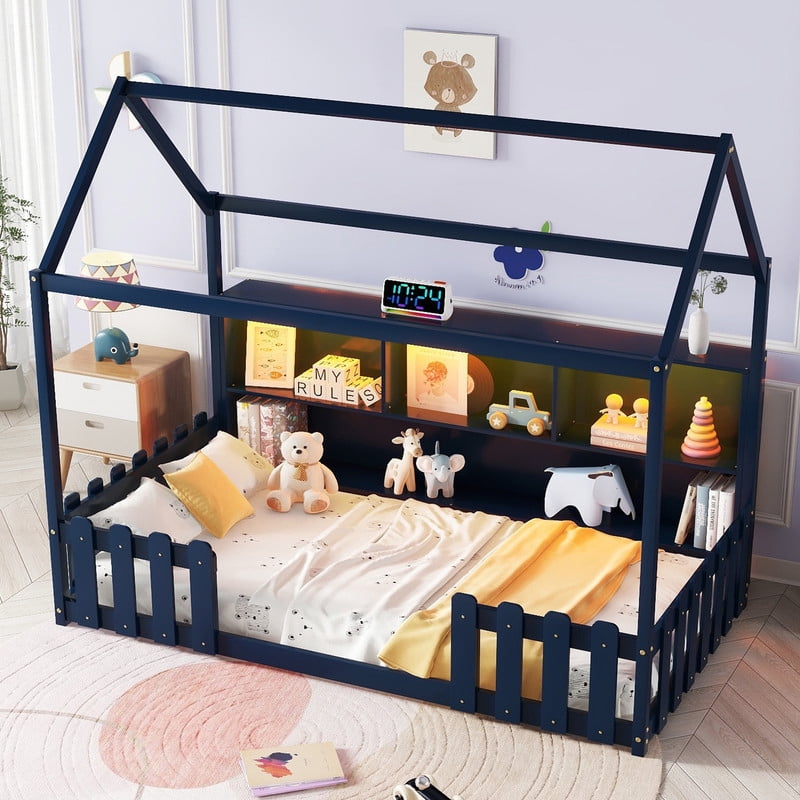 Mirightone Twin Size House Bed frame, Twin Floor Bed with High Rails & Storage Shelves, Montessori Bed with LED Light, Solid Wood House Floor Bed (Blue)