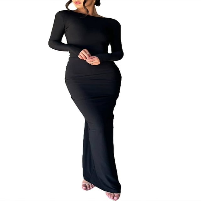 Robe Longue Moulante pour Femmes, Couleur Unie, Froncée, à Manches Longues, Robe de Soirée, Robe de Fête